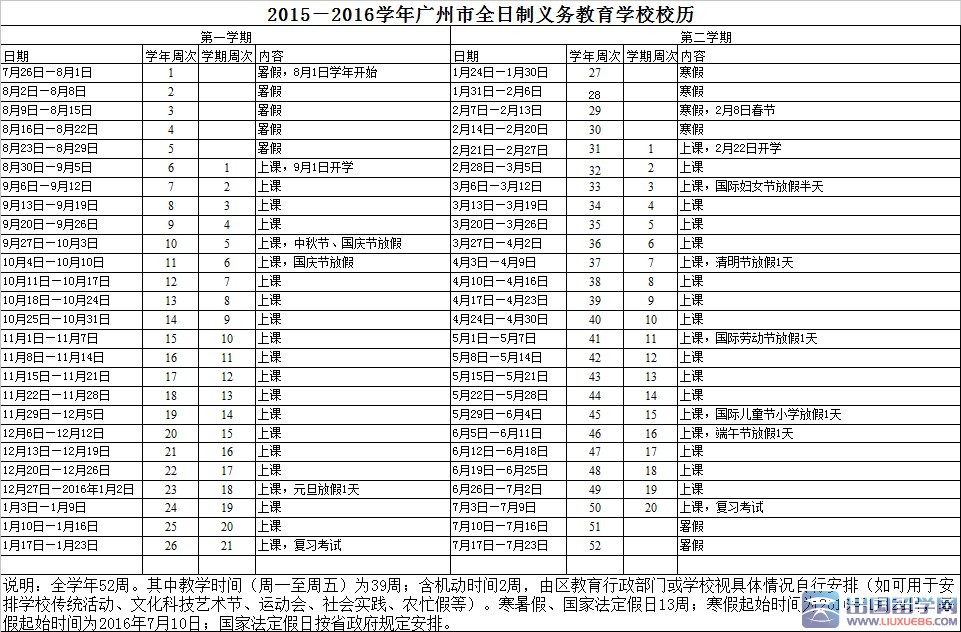 2016年广州中小学寒假放假时间